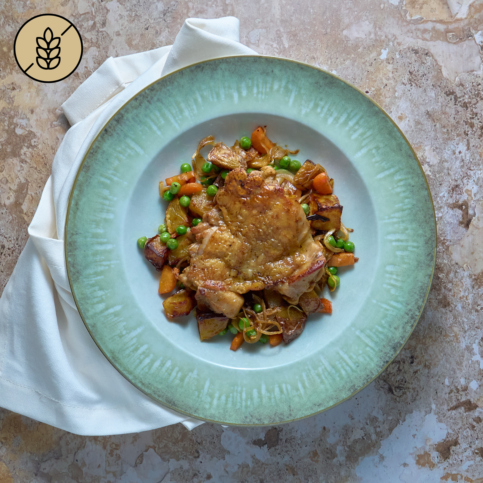 Poulet Mariné au Citron, Patates, Carottes & Petits Pois