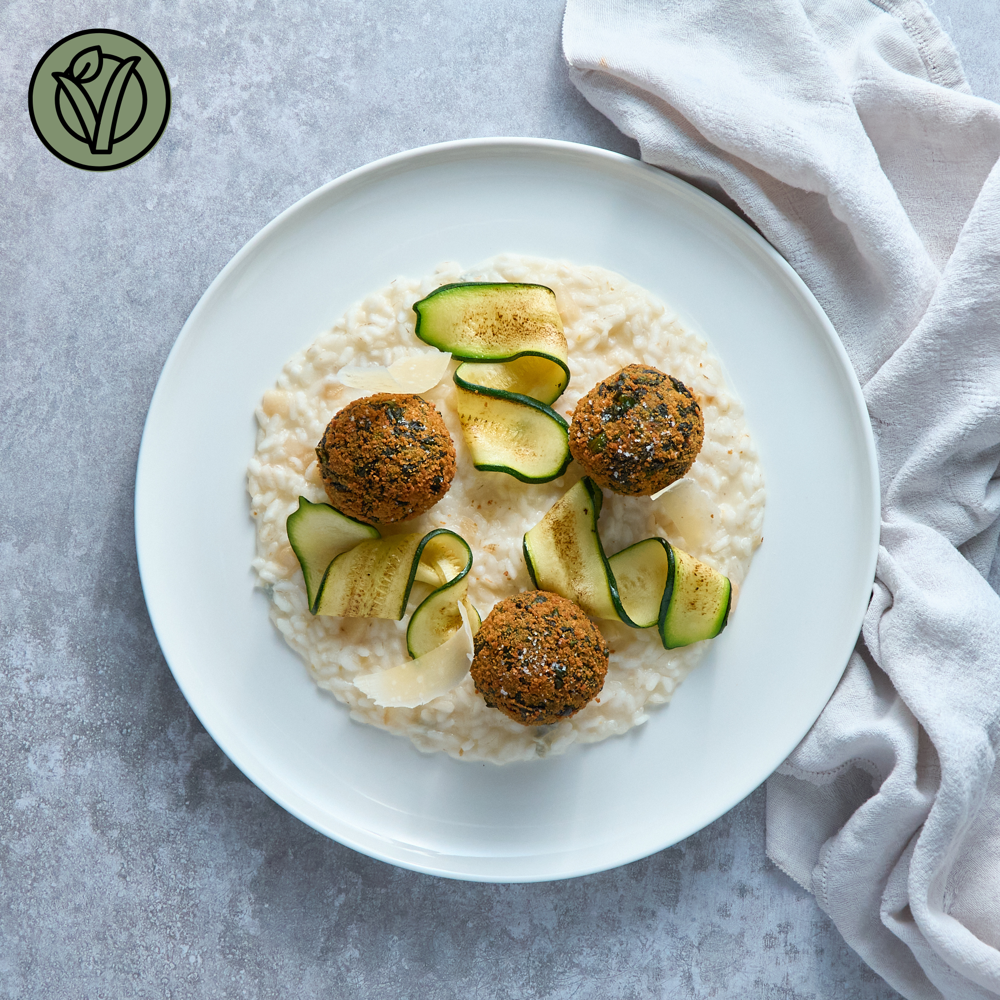 Spinach-Ricotta Meatballs on Parmesan Risotto with Grilled Zucchini