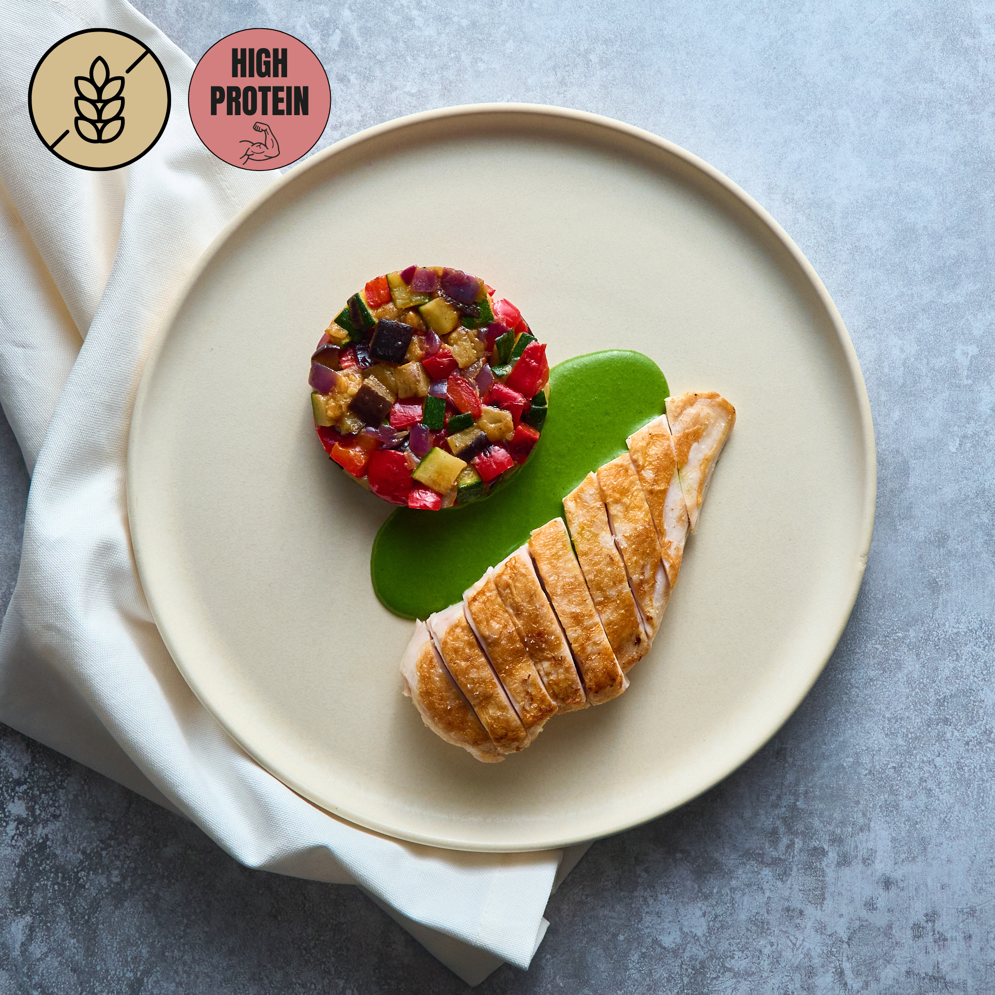 Roast Chicken Breast with Ratatouille and Herb Sauce