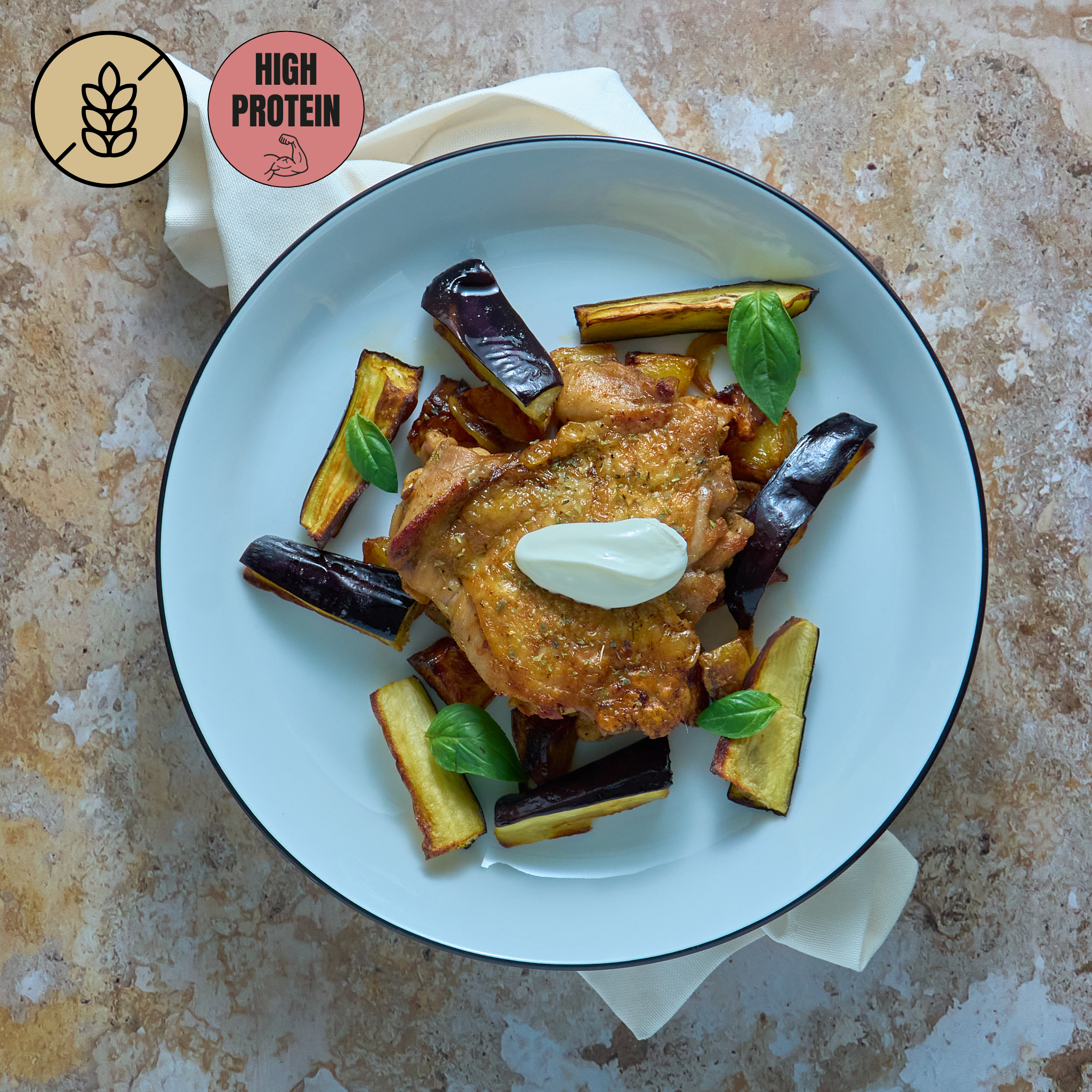 Poulet à la Grecque, Patates Rôties, Aubergines & Sauce Yaourt