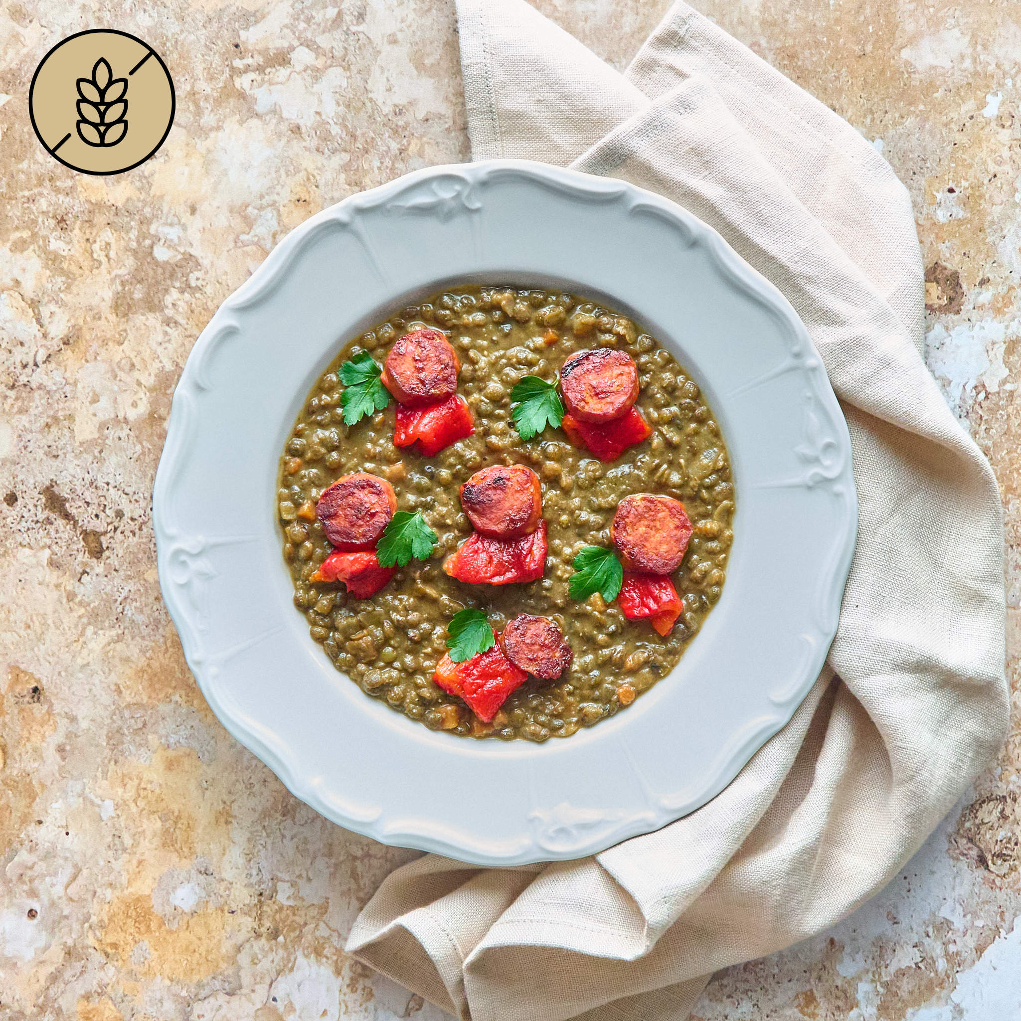 Lentils with Grilled Chorizo and Confit Peppers