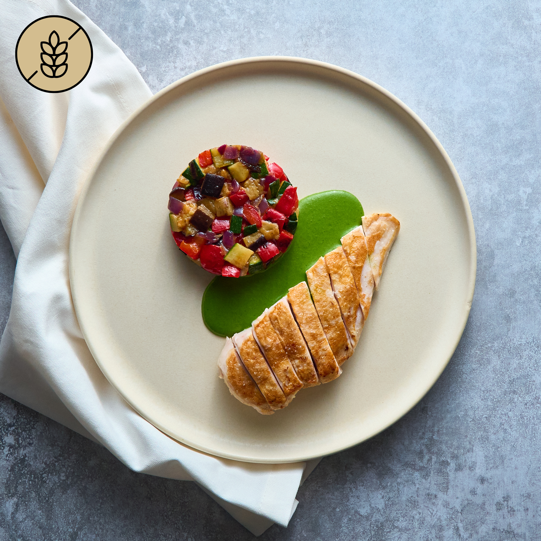 Roast Chicken Breast with Ratatouille and Herb Sauce