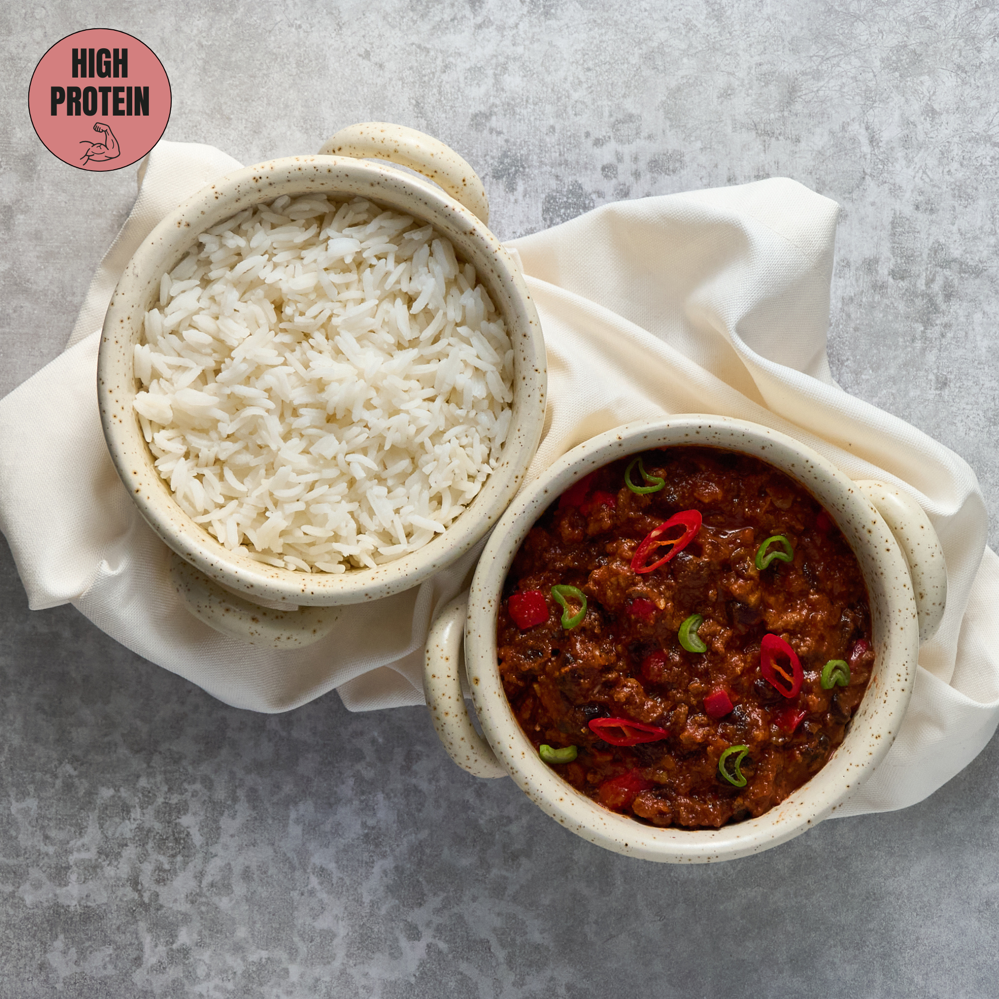 Chili con Carne: Beef Stew with Beans and Peppers, Served with Rice
