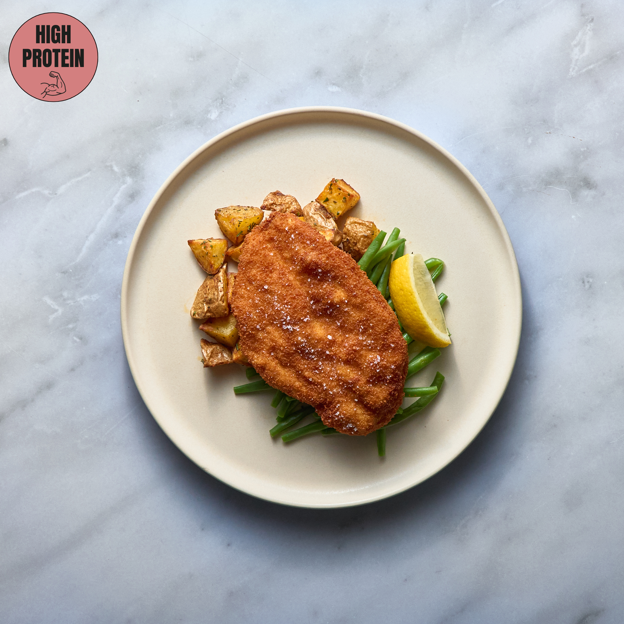 Breaded Chicken with Green Beans and Oven-Roasted Potatoes