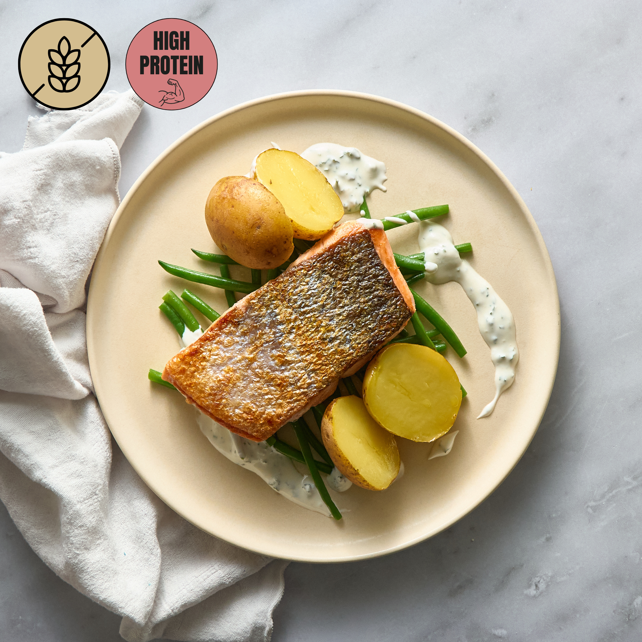 Grilled Salmon with Steamed Potatoes and Green Bean Salad