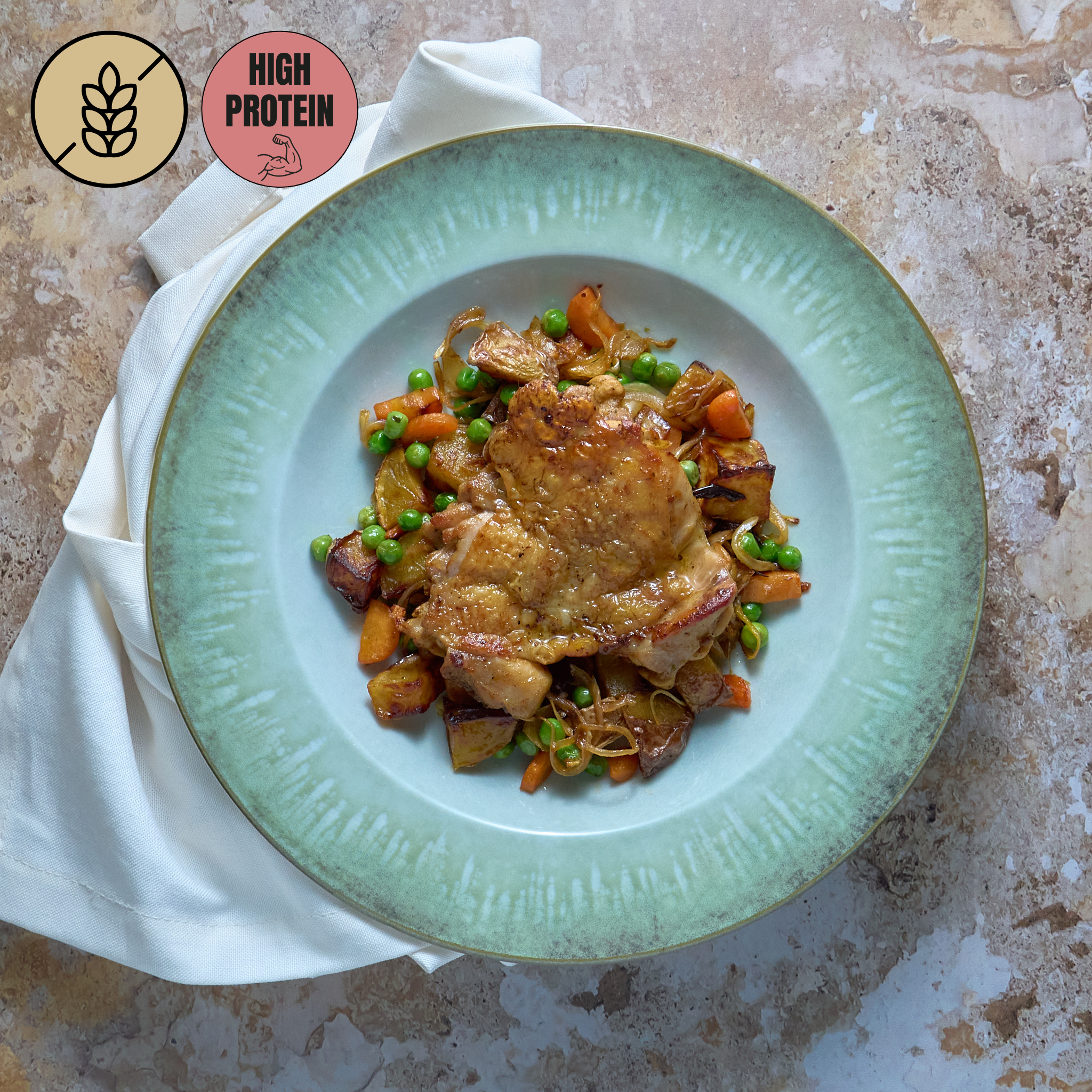 Poulet Mariné au Citron, Patates, Carottes & Petits Pois