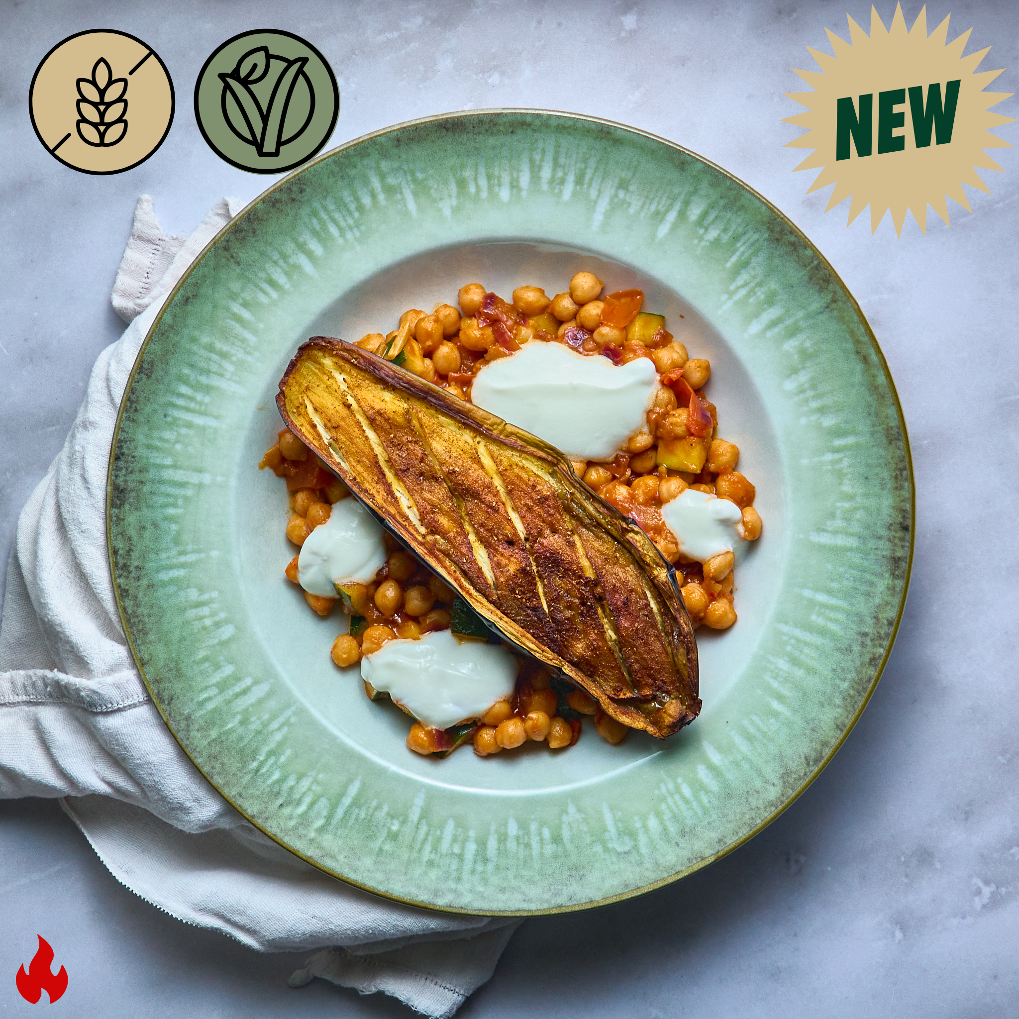 Roasted Eggplant, Harissa Chickpeas, and Tahini Sauce