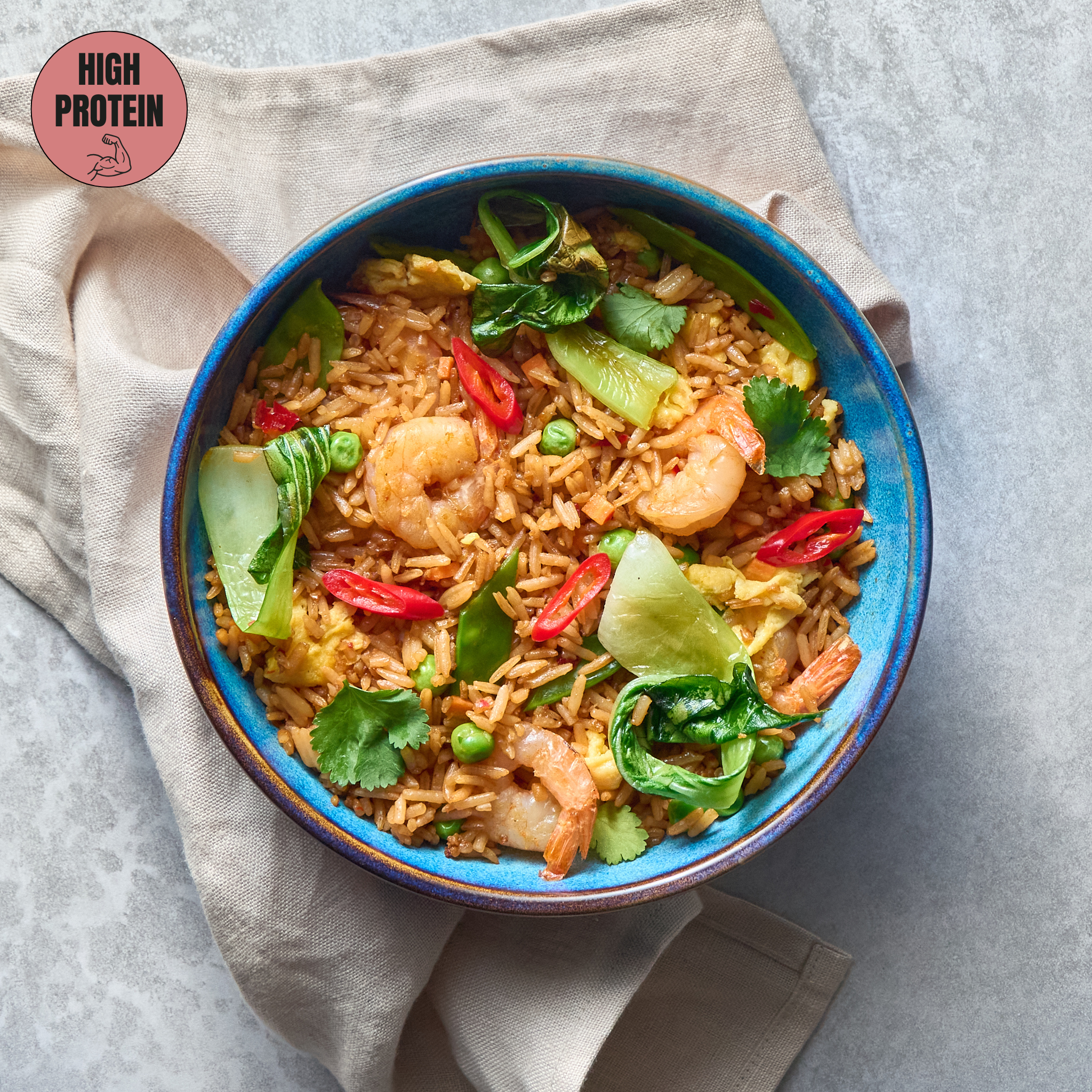 Shrimp Fried Rice with Pak Choi, Peas, and Egg