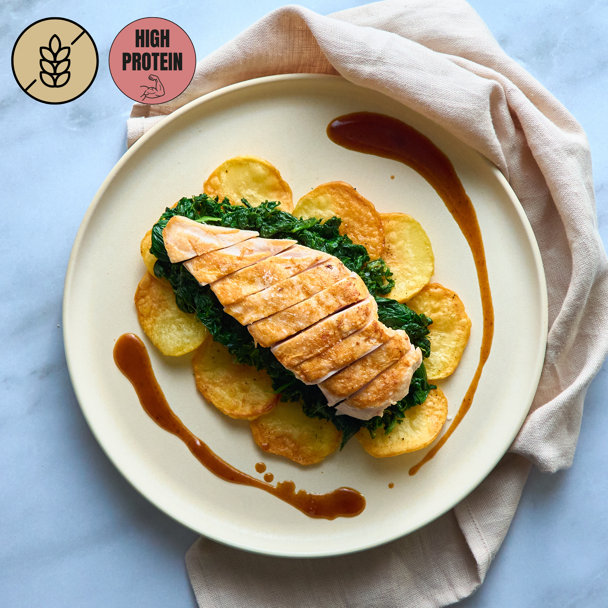 Grilled Chicken Breast with Buttery Spinach and Roasted Potatoes