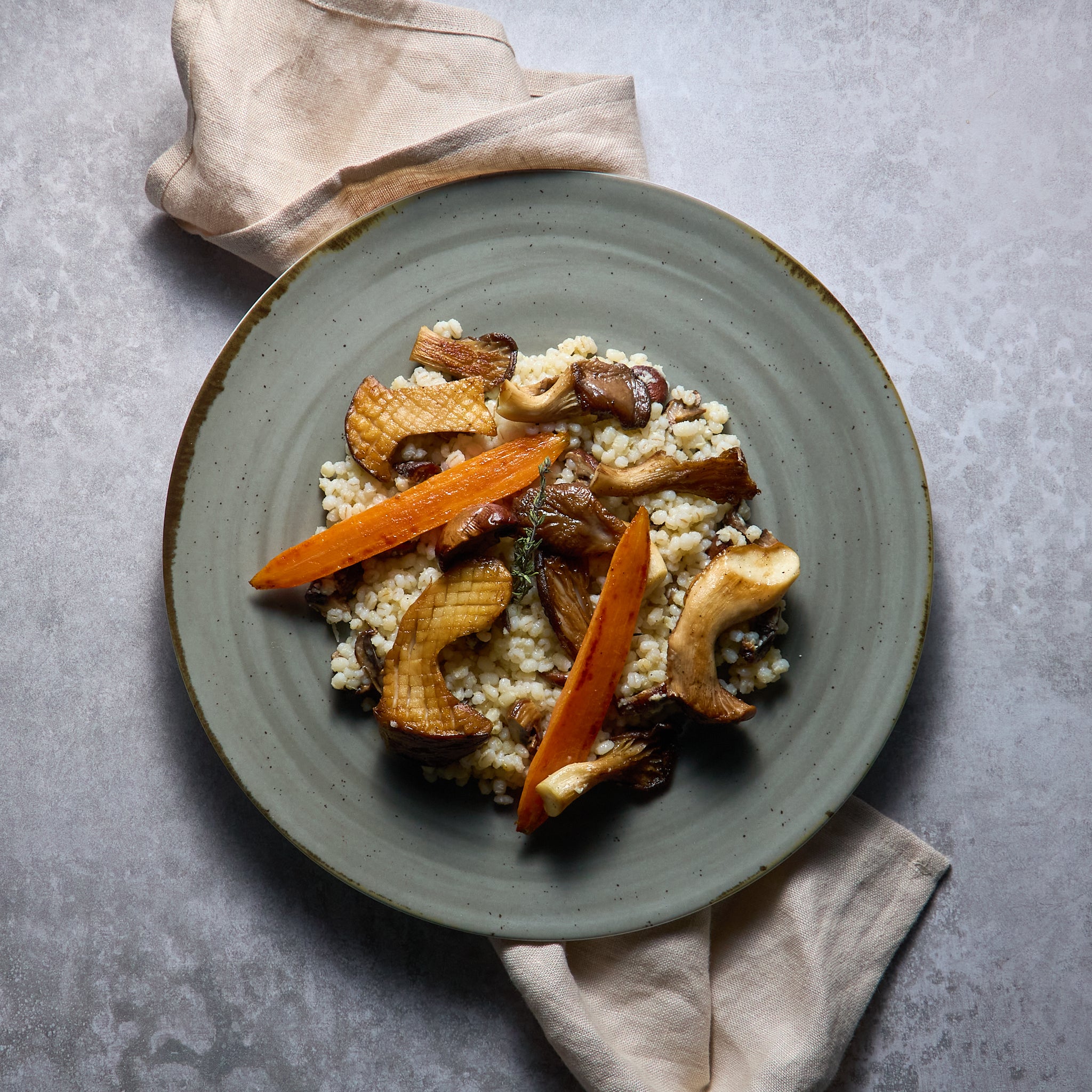 Orge Perlé Aux Champignons Et Carottes Grillées