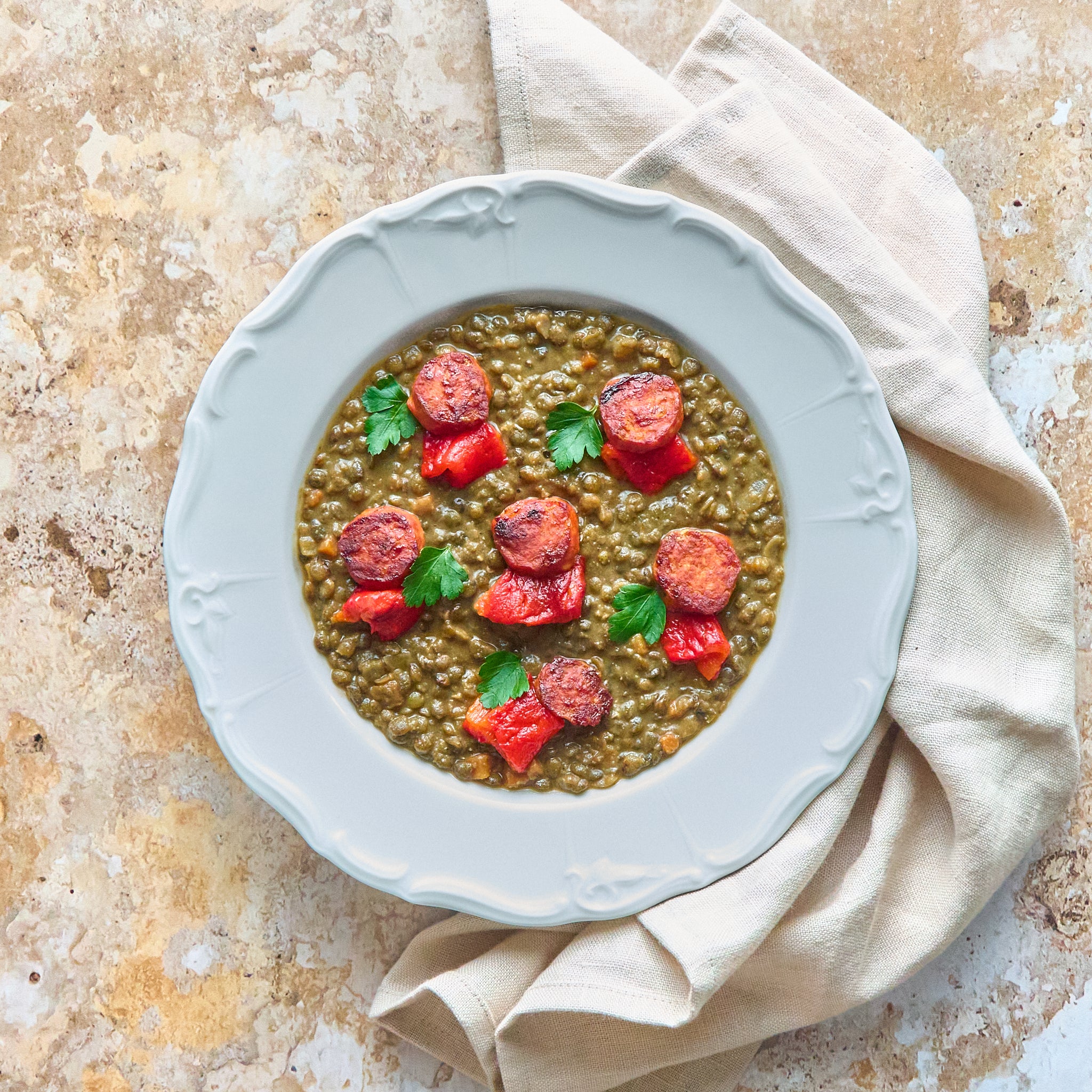 Lentils with Grilled Chorizo and Confit Peppers