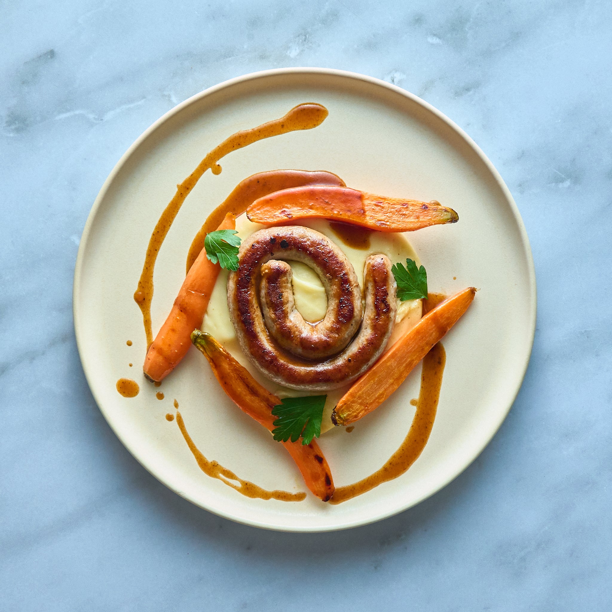 Roasted Sausage with Mashed Potatoes and Glazed Carrots