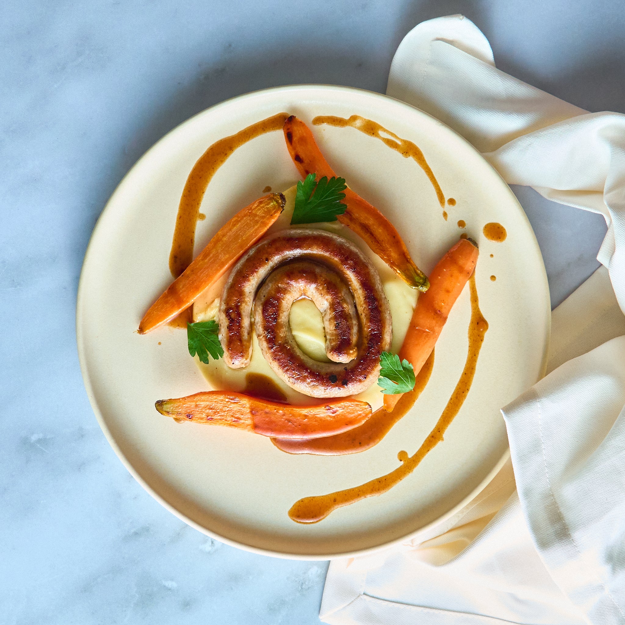 Roasted Sausage with Mashed Potatoes and Glazed Carrots