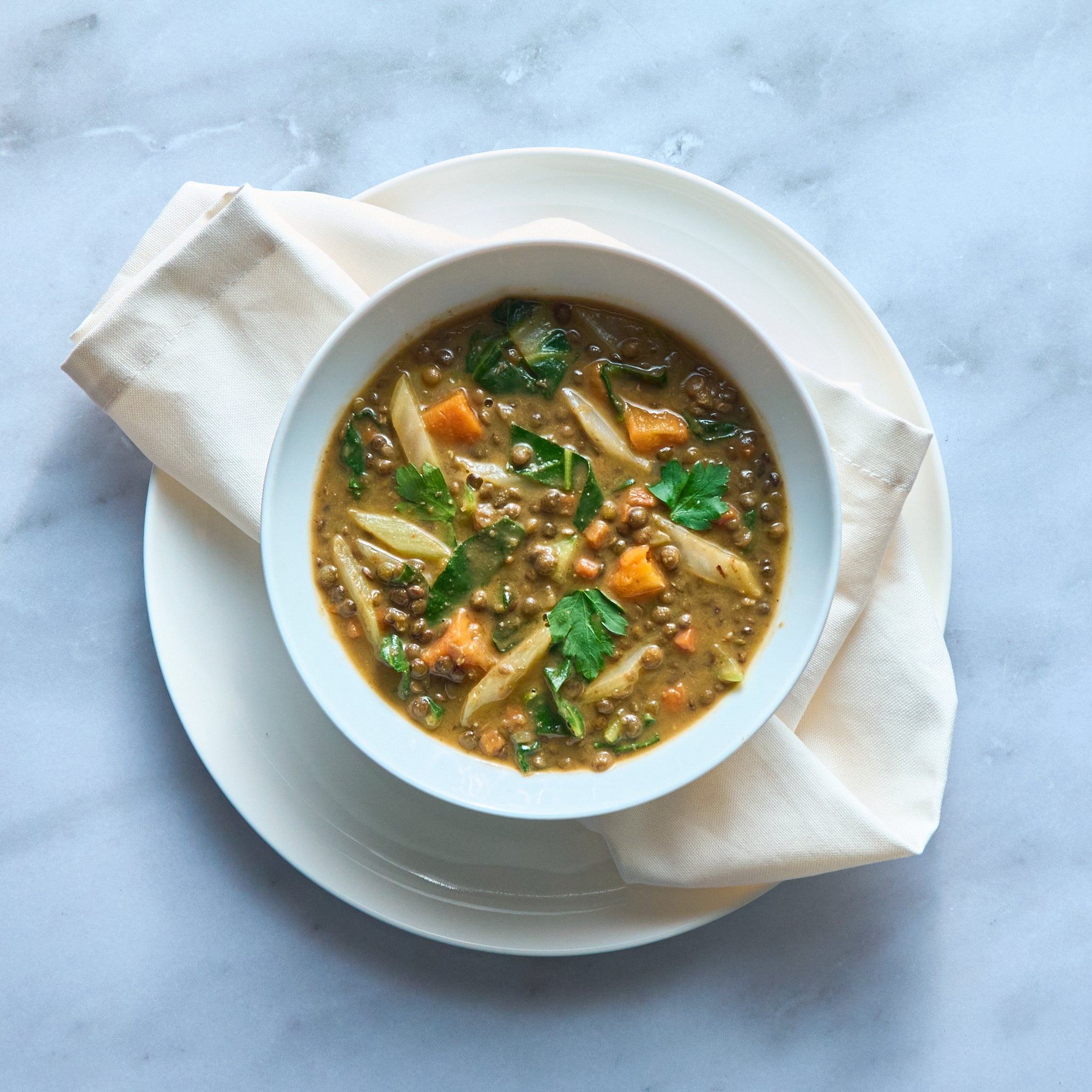 Stewed Lentils with Sautéed Swiss Chard and Sweet Potato