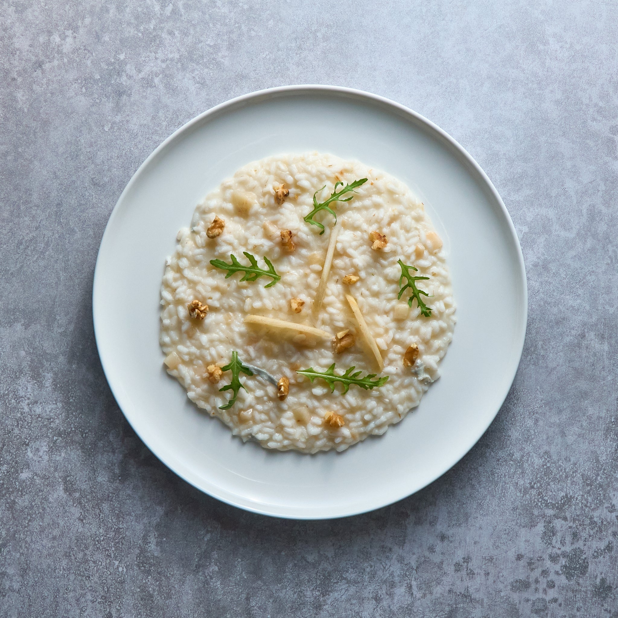 Creamy Risotto with Conference Pears, Walnuts, and Gorgonzola