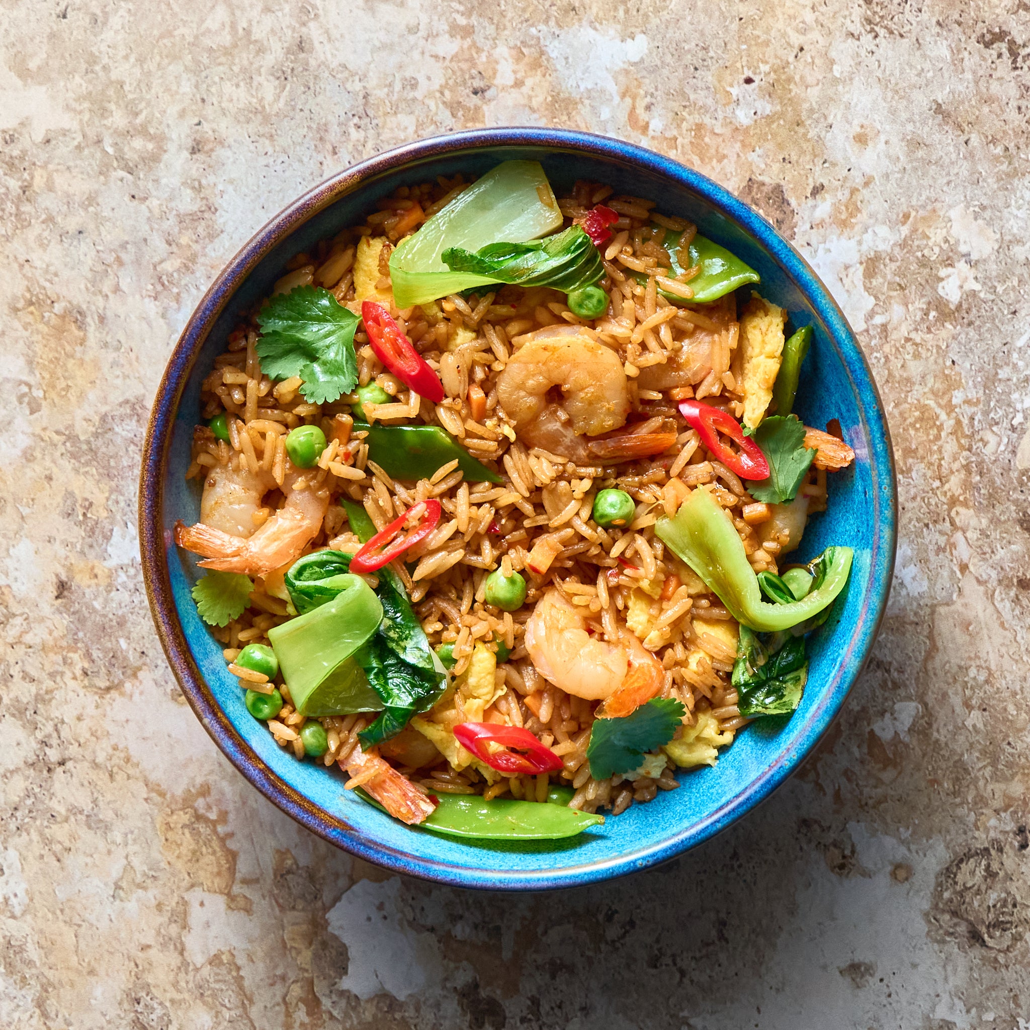 Shrimp Fried Rice with Pak Choi, Peas, and Egg