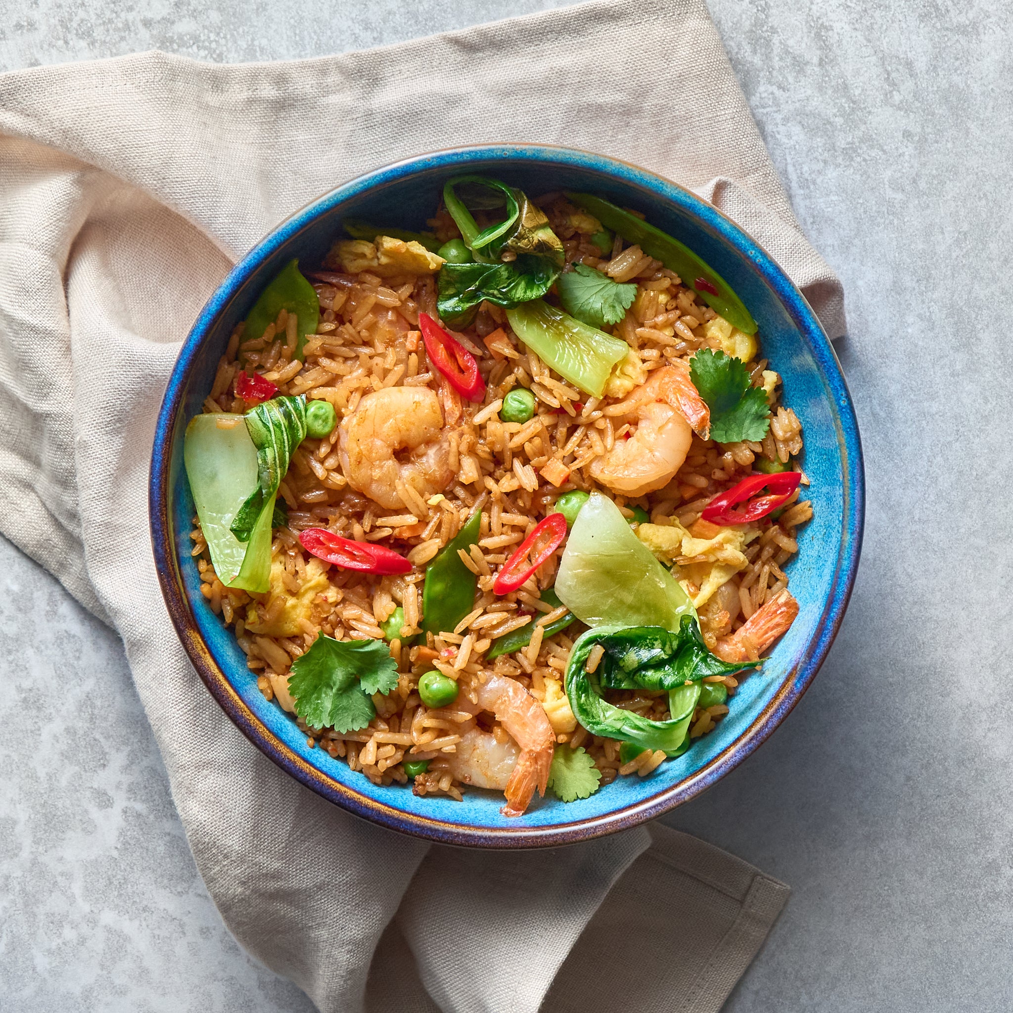 Shrimp Fried Rice with Pak Choi, Peas, and Egg