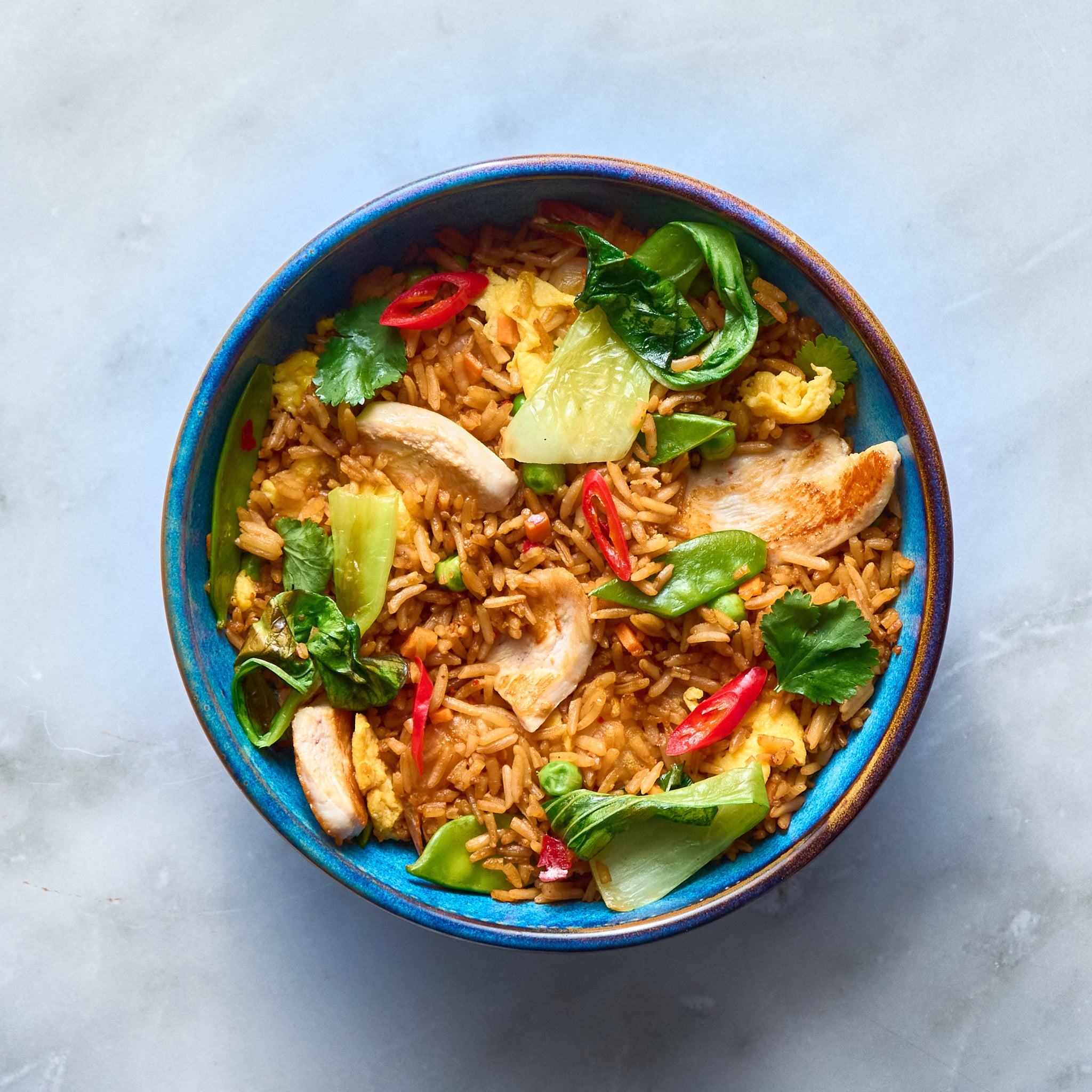 Chicken Fried Rice with Pak Choi, Green Peas, and Egg