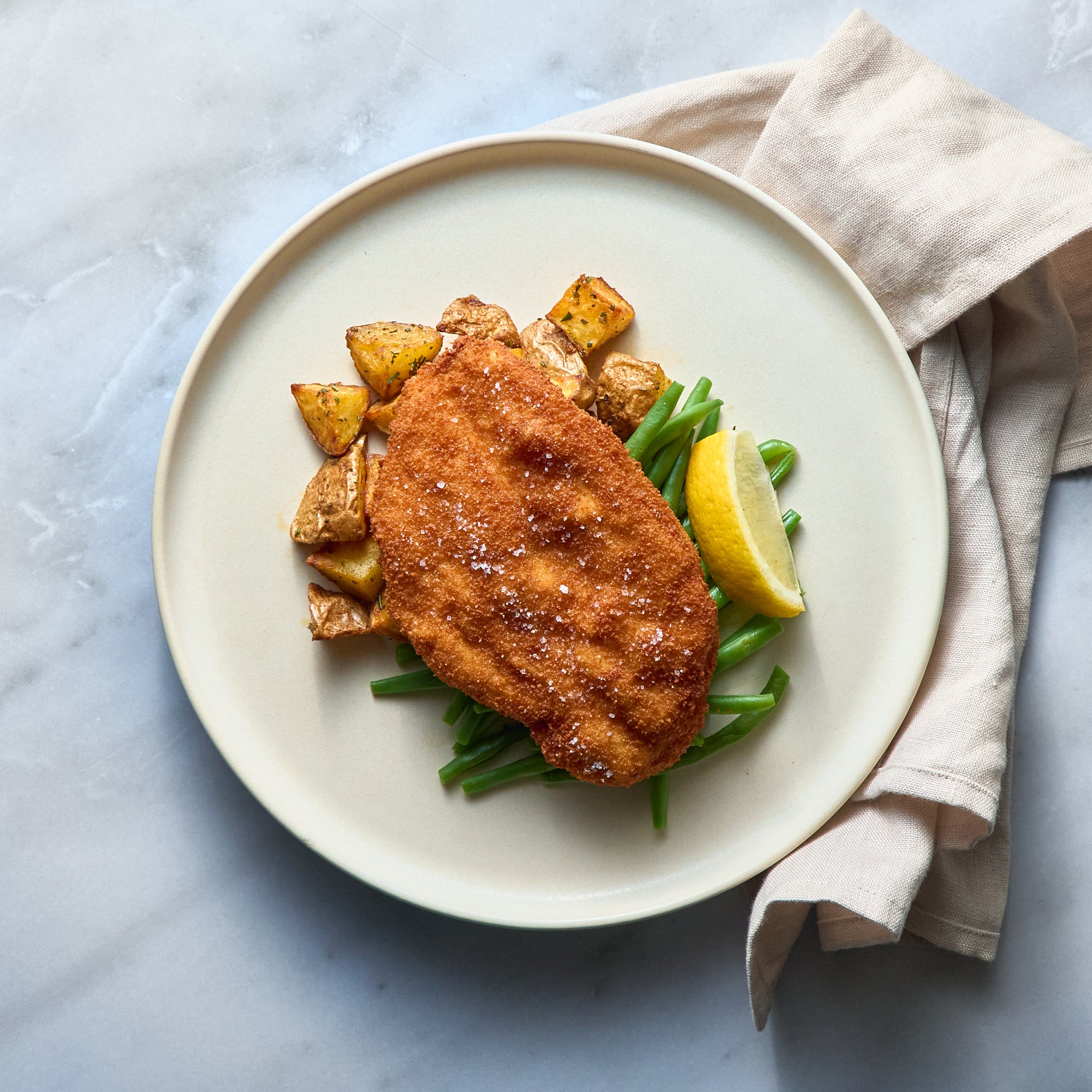 Breaded Chicken with Green Beans and Oven-Roasted Potatoes