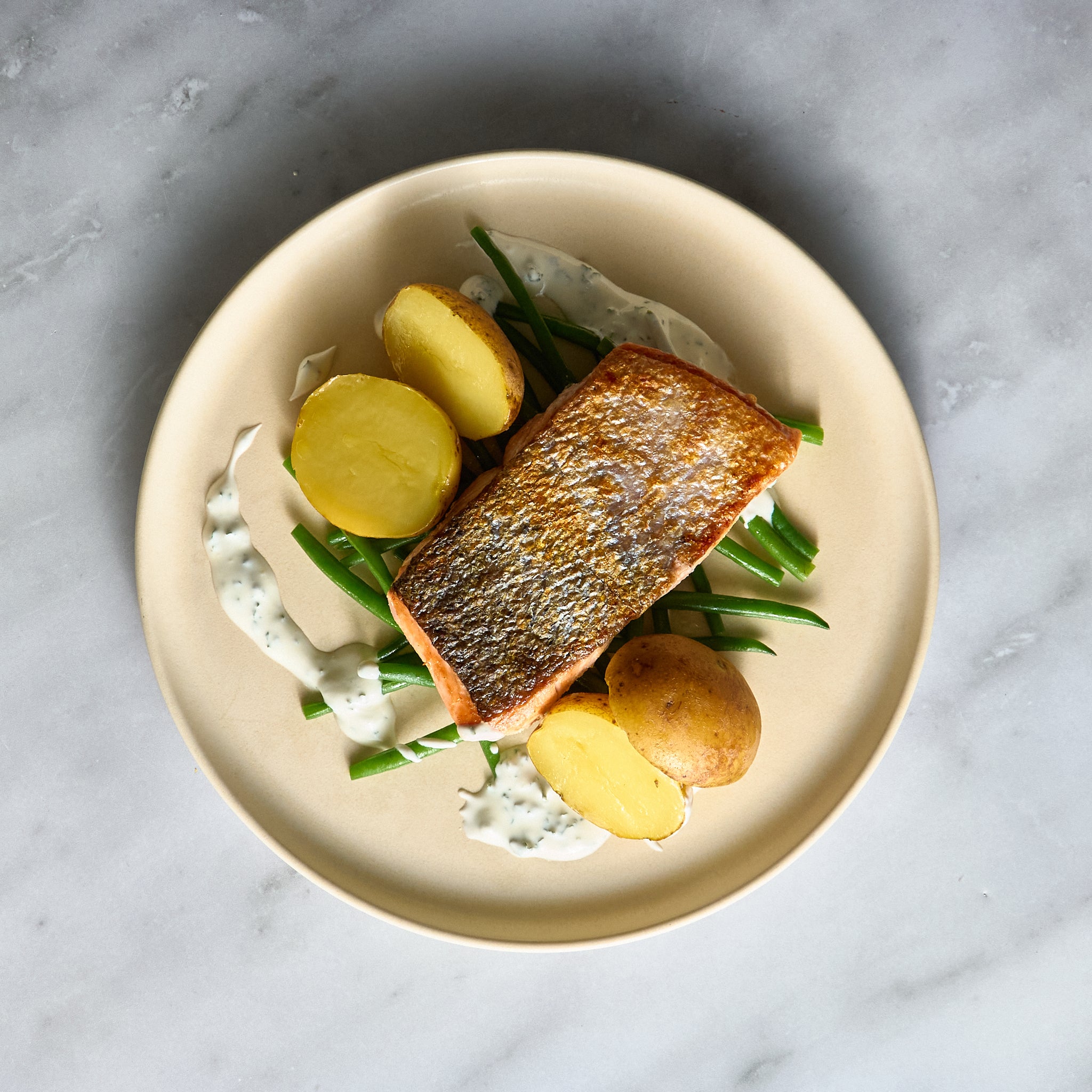 Grilled Salmon with Steamed Potatoes and Green Bean Salad