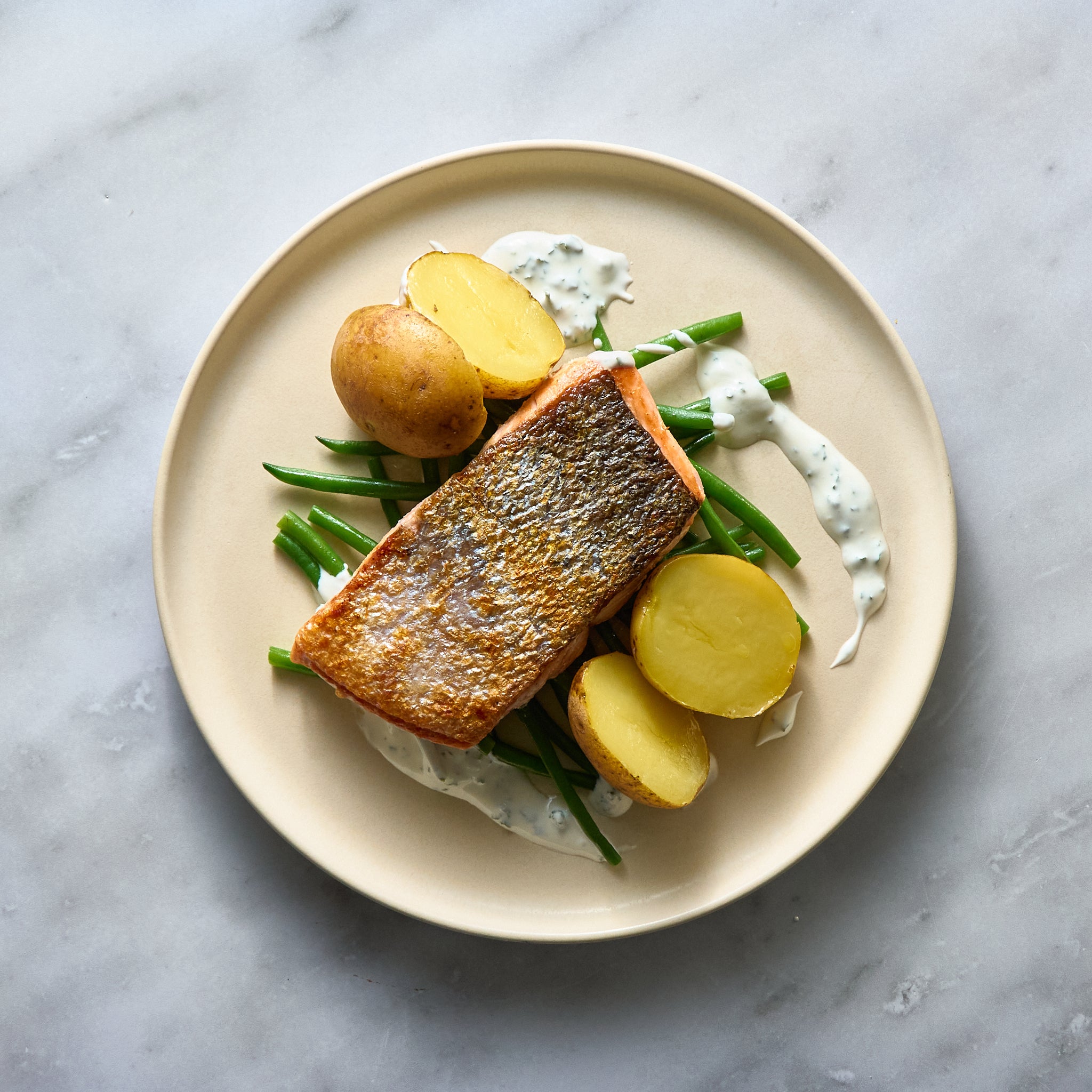 Grilled Salmon with Steamed Potatoes and Green Bean Salad