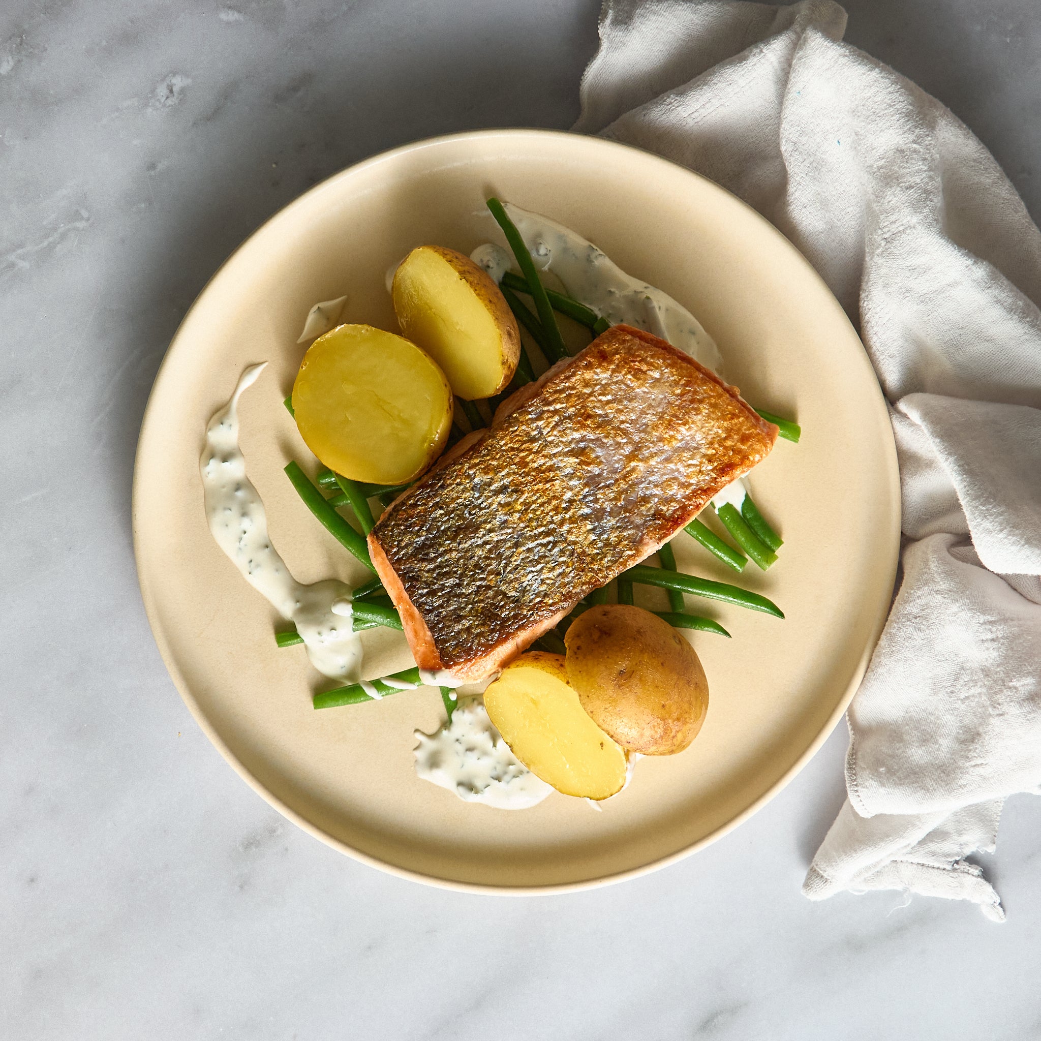 Grilled Salmon with Steamed Potatoes and Green Bean Salad