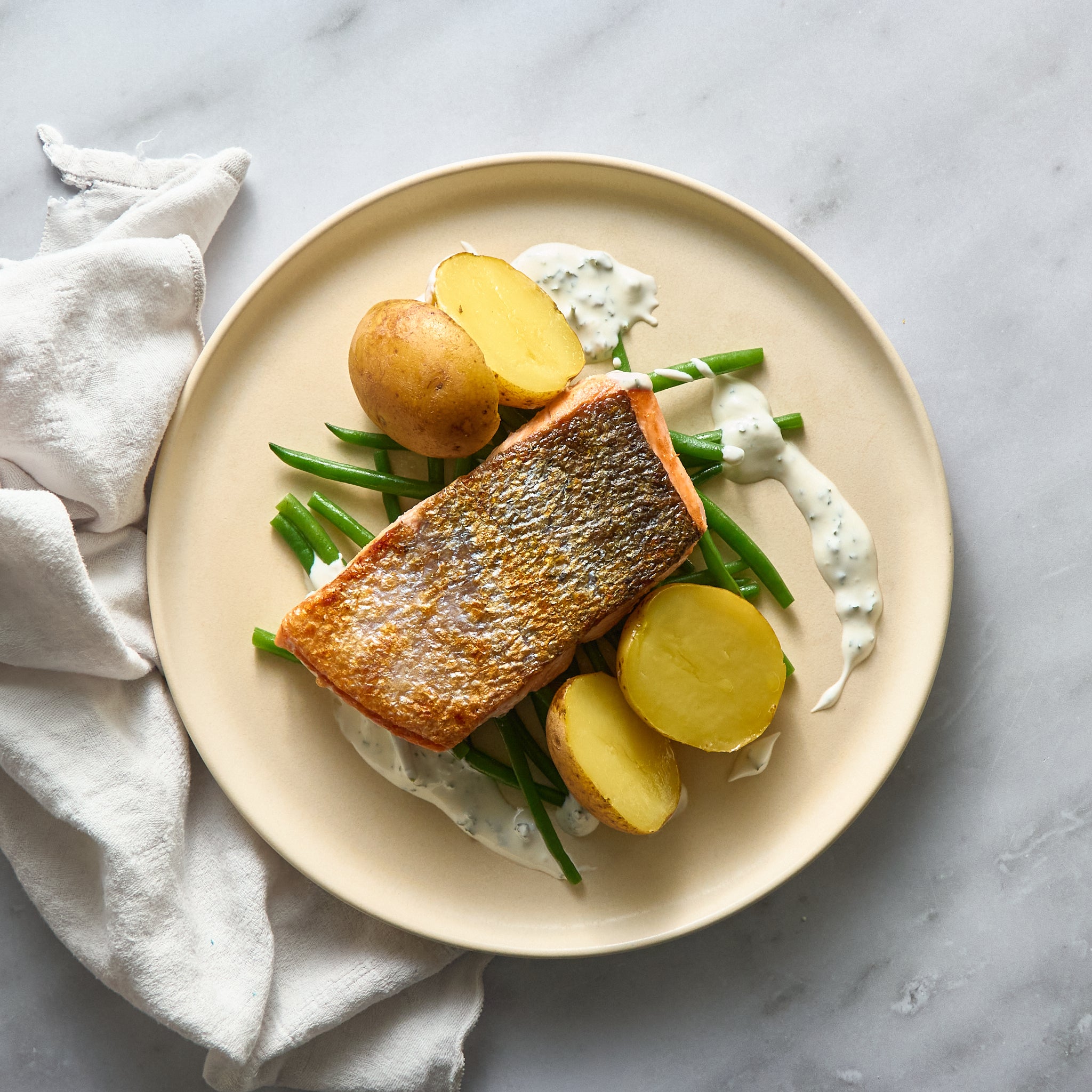 Grilled Salmon with Steamed Potatoes and Green Bean Salad