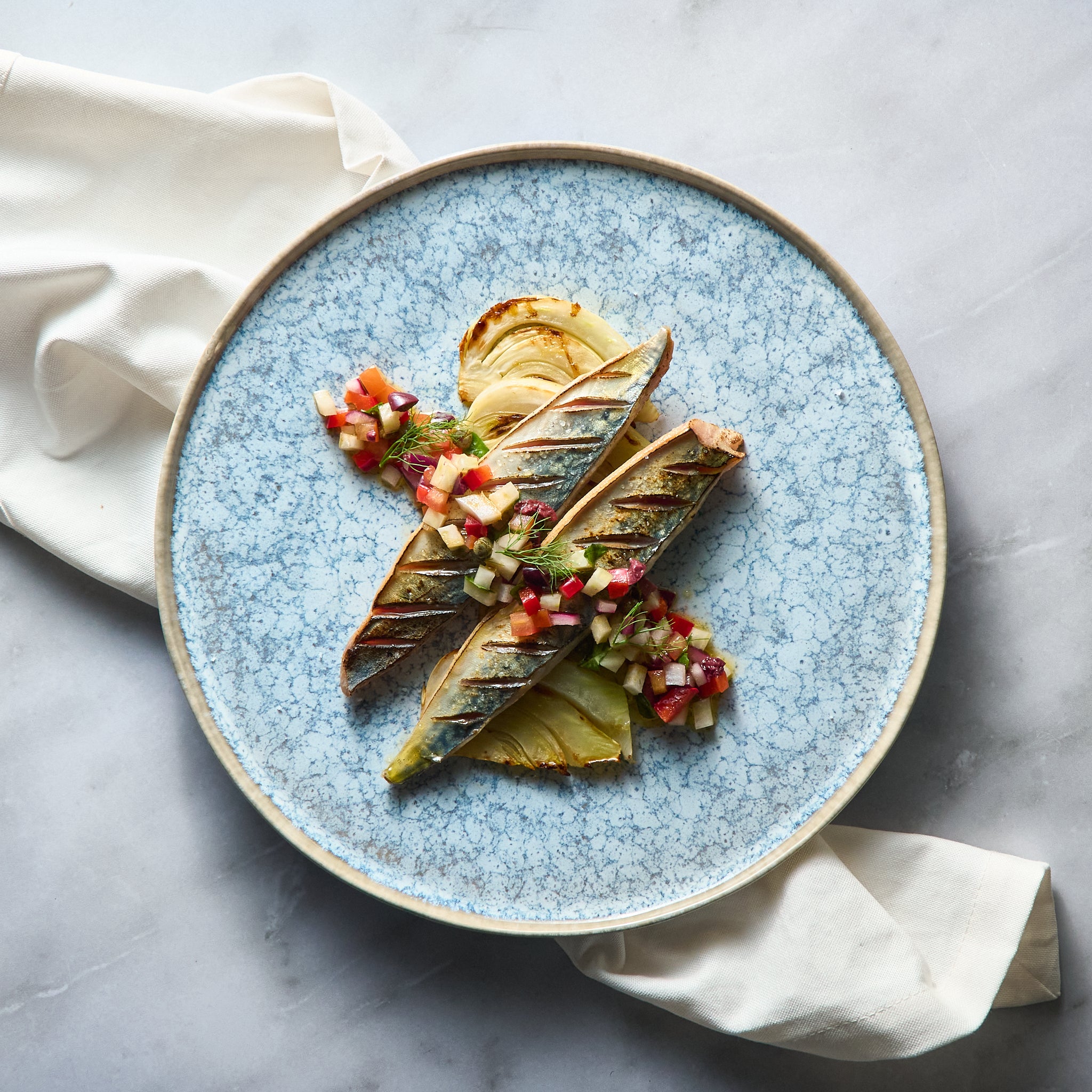 Oven-Baked Mackerel with Braised Fennel and Sauce Vierge